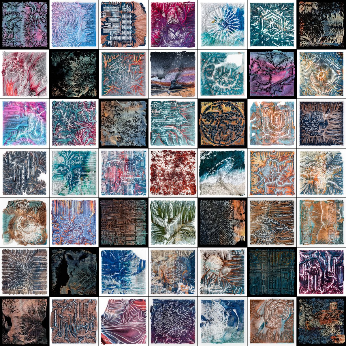 Algoscapes #50 - 7x7 grid of all the pieces. This compilation marks 1 year of Algoscapes.
5 eds. 1 ed <a href="/deadair____/">Trew</a> who's literally made this body of work possible. 3 eds for the biggest collectors @ag13x <a href="/visualtowslee/">towslee</a> <a href="/seeingsun/">ssshihtung</a>.
Accepting offer for 1 ed.
objkt.com/asset/hicetnun…