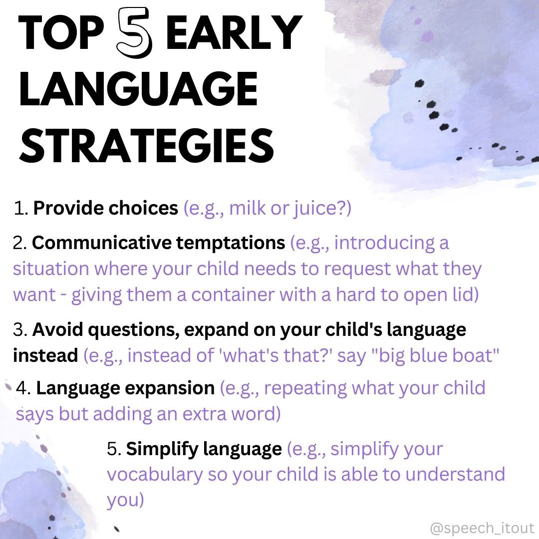 I have always had a passion for early language development, so I decided to create a visual with my top 5 strategies to stimulate language production 🤍 #earlylanguage #speechtherapy #communication