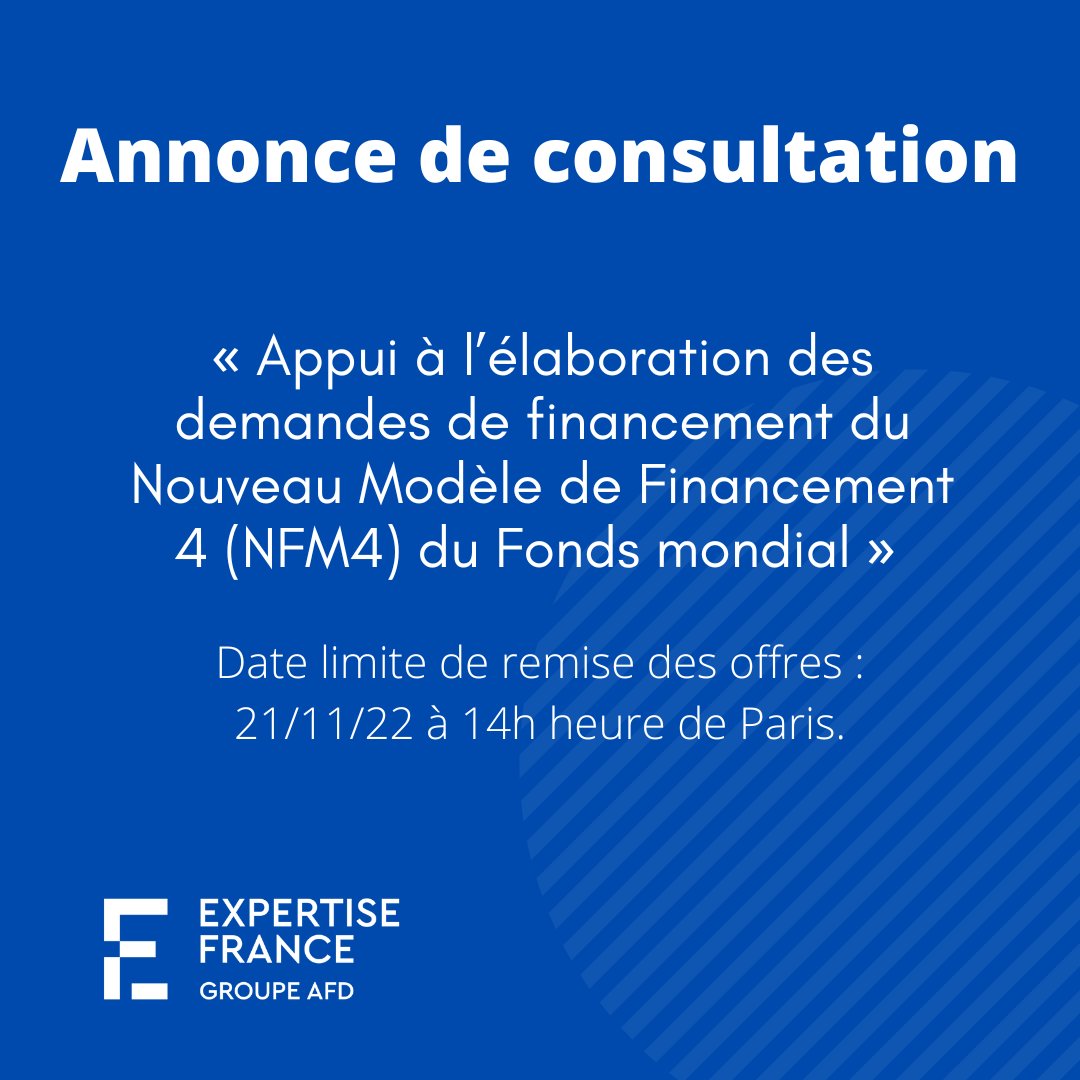 EF_LINITIATIVE's tweet photo. Annonce de consultation | Appui à l’élaboration des demandes de financement du Nouveau Modèle de Financement 4 #NFM4 du Fonds Mondial 

📌 RDV sur PLACE pour y répondre : https://t.co/jNlazz644W 

@expertisefrance @GlobalFund #AO #Consultation https://t.co/l3GY4tomI1