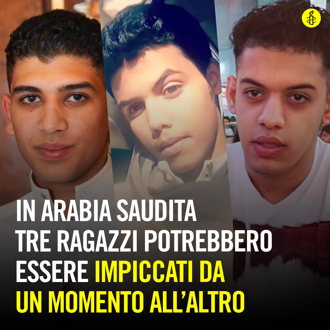 Le autorità dell'Arabia Saudita avevano promesso di non condannare più a morte i minorenni al momento del reato. Negli ultimi mesi però, sono state confermate le condanne a morte per tre ragazzi e altri due rischiano lo stesso verdetto.
#NOpenadimorte