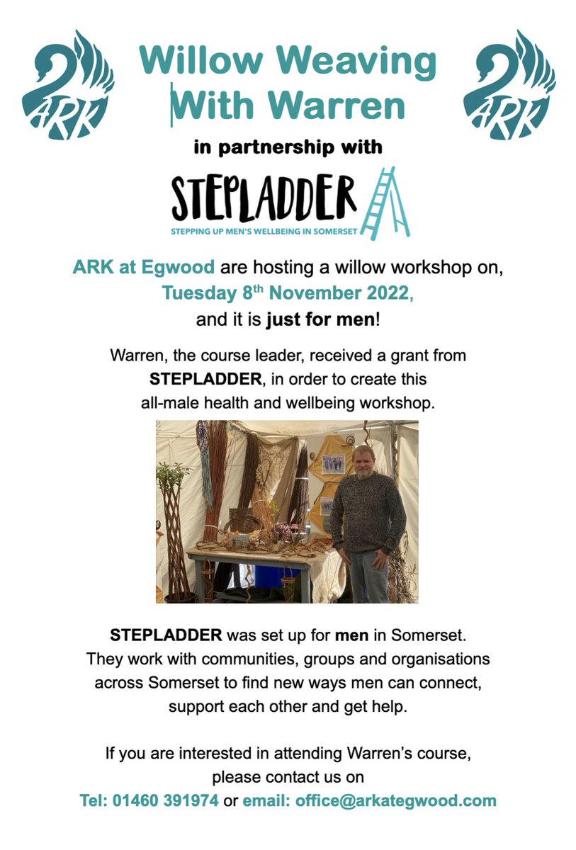 Please Retweet - Any men fancy or know of any man that may wish to attend this free one day Willow Weaving workshop at ARK? This is in partnership with Second-Step, supporting mens Mental Health.