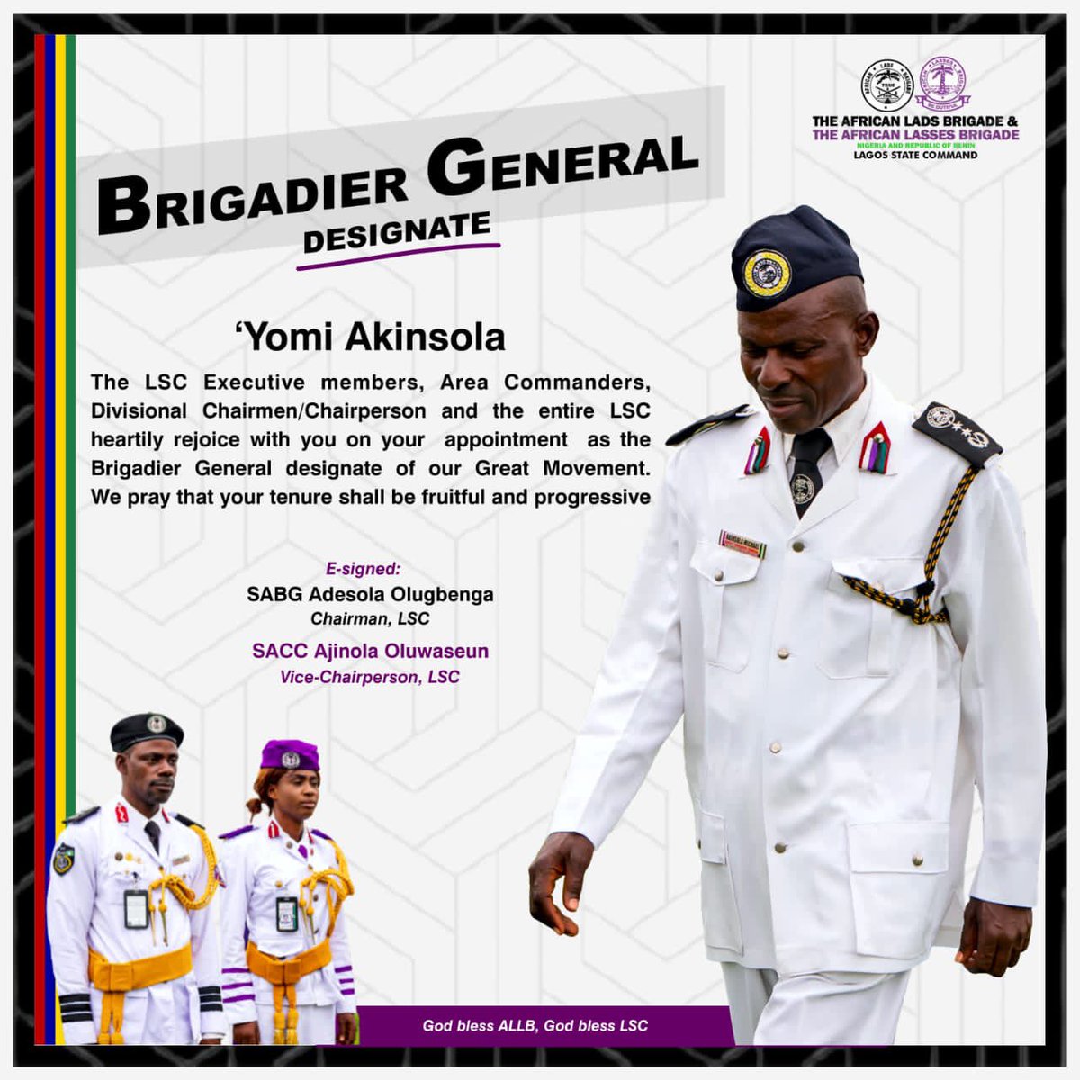 allb_lagos's tweet photo. The Lagos State Command Executives, Area Commanders,Divisional Chairmen/Chairperson and all other comrades of the Joint Movement within our Prestigious Lagos State Command heartily rejoice with 'Yomi Akinsola on his appointment as the Brigadier General Designate of our Movement. https://t.co/1W5DVcDYdC