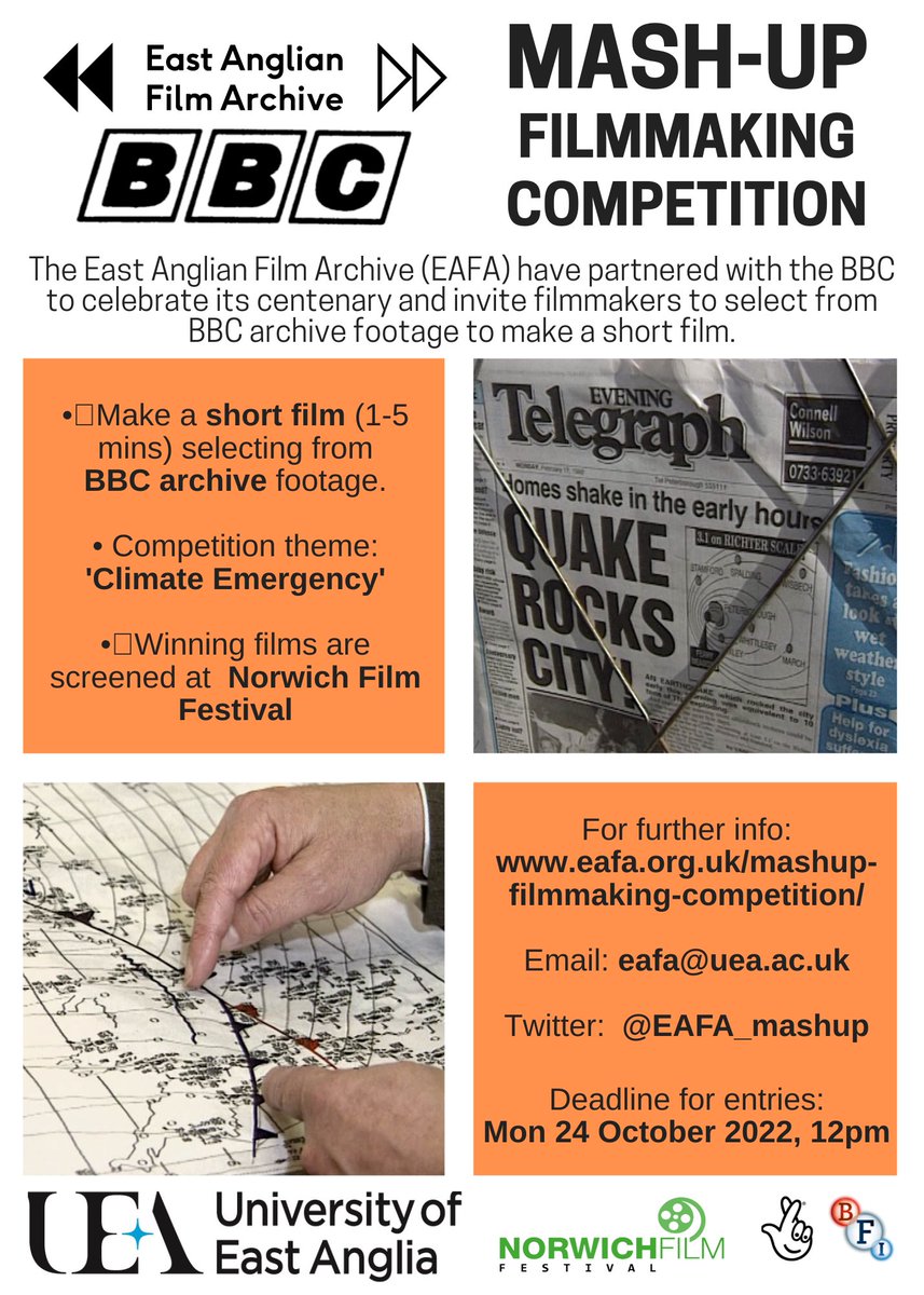 Last chance to enter the Mash-Up Filmmaking Competition!

Send us your entry form by 4:30pm today, receive our exclusive archive films pack, and create your film over the weekend... But be quick!

 Deadline: 12 noon on Monday 24th Oct

Details &amp; enter at ow.ly/2LZ150LgvSL