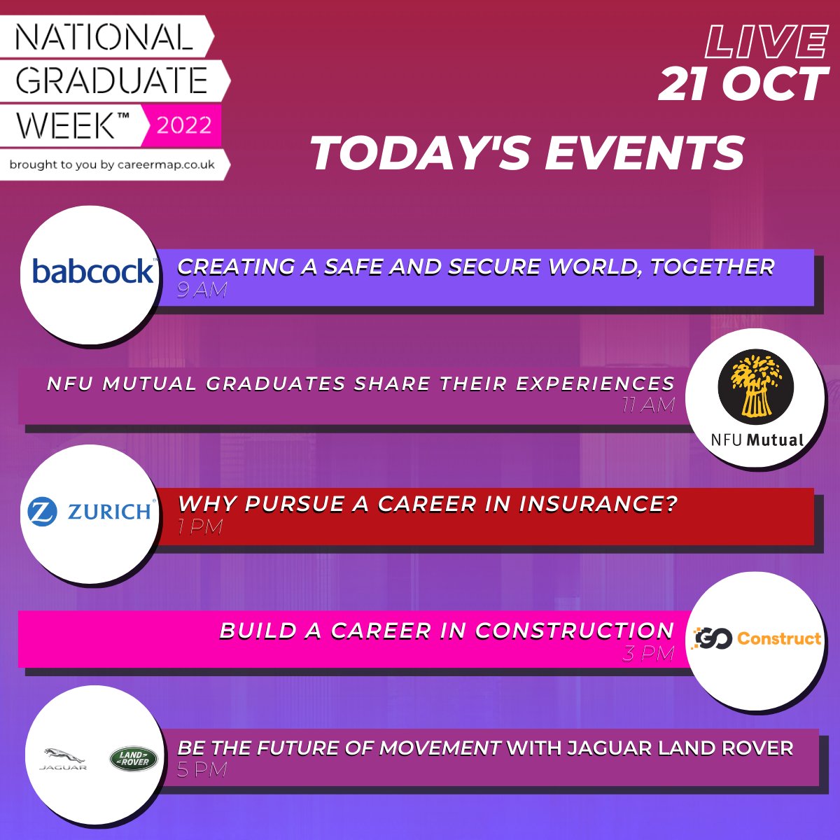 We're on the final day of National Graduate Week already! We've still got five jam-packed sessions for you today though with Babcock, <a href="/nfum/">NFU Mutual</a>, <a href="/Zurich/">Zurich Insurance</a>, <a href="/GoConstructUK/">Go Construct</a> and @jaguarlandrover. Join us live throughout the day, sign up here: bit.ly/3m4h7jp #NGW2022 🎓