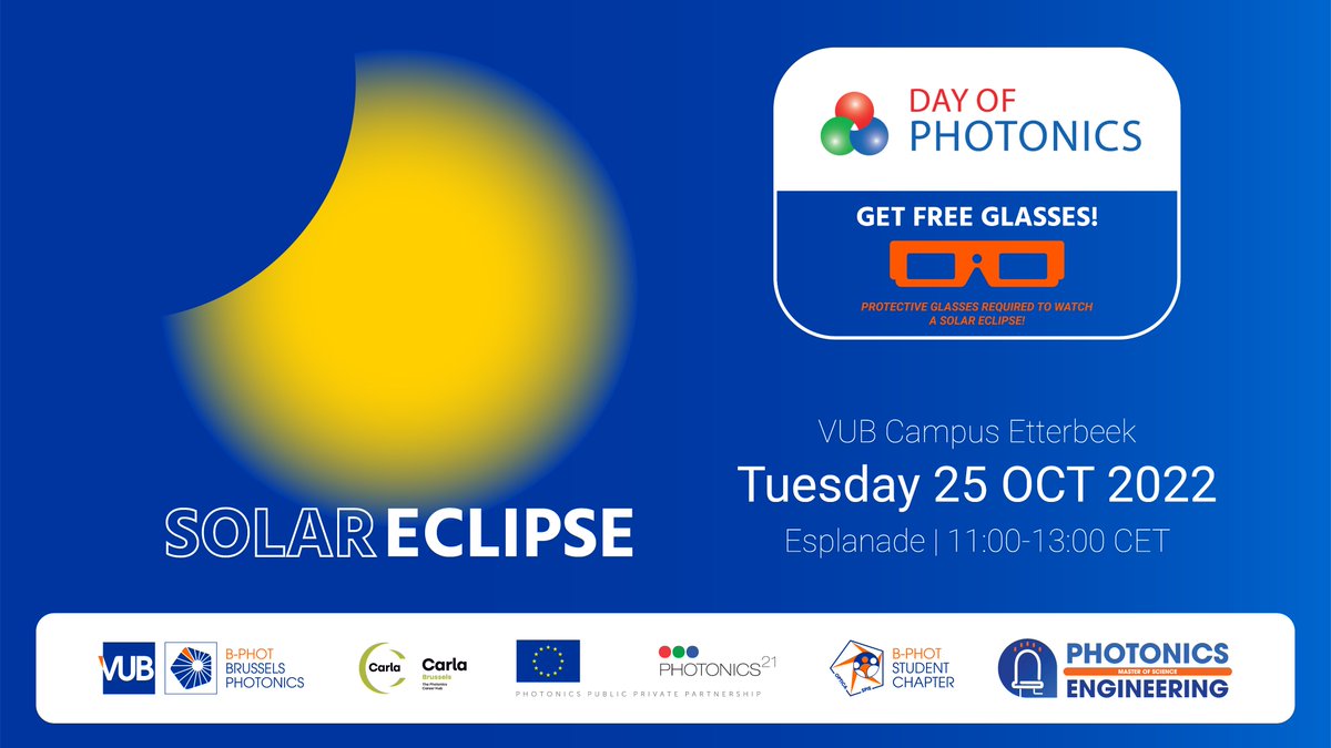 💡 It’s Day of #Photonics! To celebrate, we will hand out FREE eclipse glasses at the @VUBrussel campus in Etterbeek during the solar eclipse next week. Join us on Tuesday 25/10 at the Esplanade on campus. ☀️ #dayofphotonics2022 #Eclipse2022 @DayPhotonics @masterphotonics