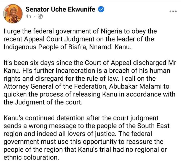 IK4MB4's tweet photo. They call it One Nigeria but have different laws that suits the Northerners than the southerners,Yesterday made it a week the appeal court discharged and acquitted Mazi Nnamdi Kanu yet the zoo govt who once said "the court will decide" are the ones disobeying their own court rule https://t.co/4T7nFZhWlZ