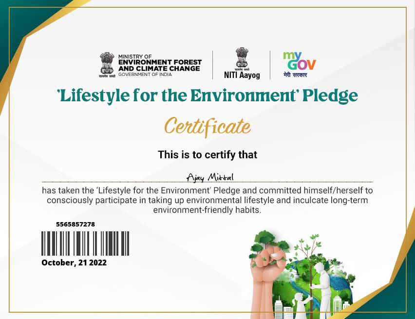 I have taken the ‘Lifestyle for the Environment’ Pledge & the LiFE 21-Day Challenge launched by @PMOIndia @narendramodi & @UN Secretary General @antonioguterres 
@mygovindia @moefcc @byadavbjp 
#LiFEChallenge #ProPeoplePlanet #MissionLiFE #LifestyleForEnvironment