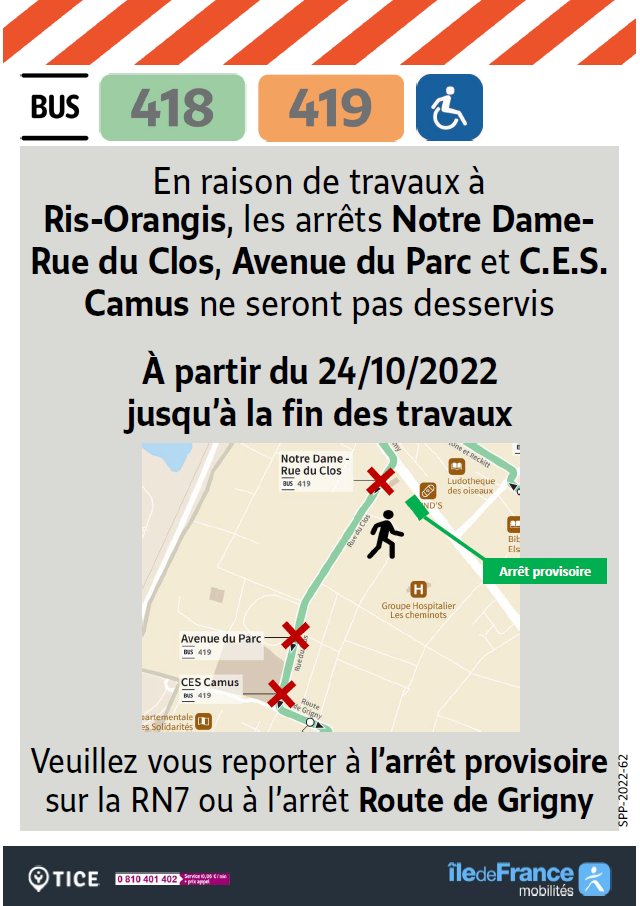 EvryEss_IDFM's tweet image. #InfoTrafic Des travaux perturberont les lignes #bus418 et #bus419 à partir du 24/10/2022. Un arrêt provisoire est mis en place. Bonne journée.
