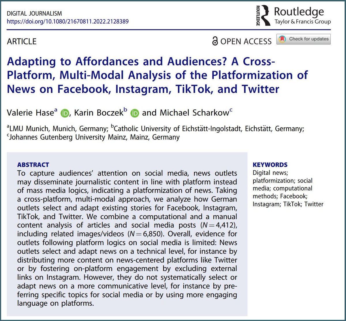 How do journalists capture audiences’ attention on social media?

New #openaccess paper in @djeditorialteam with @kbczk & @mscharkow: 'Adopting to Affordances & Audiences? A Cross-Platform, Multi-Modal Analysis of the Platformization of News'

👉doi.org/10.1080/216708… (🧵ahead)