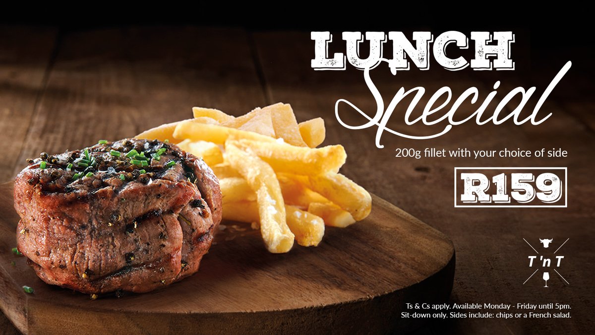 Enjoy a tender 200g fillet, with your choice of chips or a French salad for R159. Available Monday to Friday until 5pm for sit-down orders only.