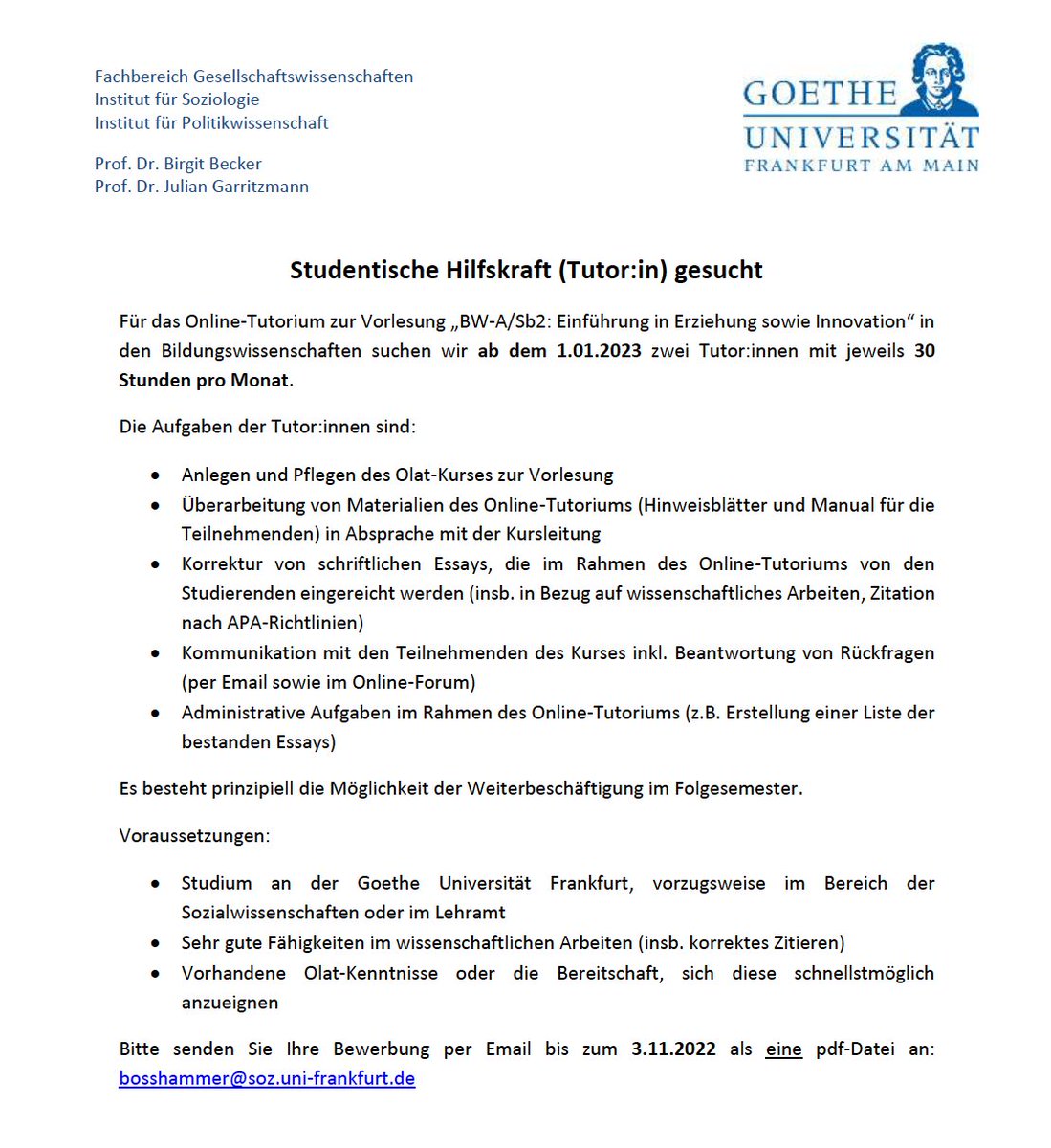garritzmannj's tweet photo. Birgit Becker & ich suchen zwei studentische Hilfskräfte zur Unterstützung in der Lehre. Wir freuen uns auf Bewerbungen bis 3. November! #Hiwi #jobs #tutorium #frankfurt #bildungswissenschaft #powi #soziologie @goetheuni @InFER_Frankfurt @fs03uniffm https://t.co/H03SM3sSSg