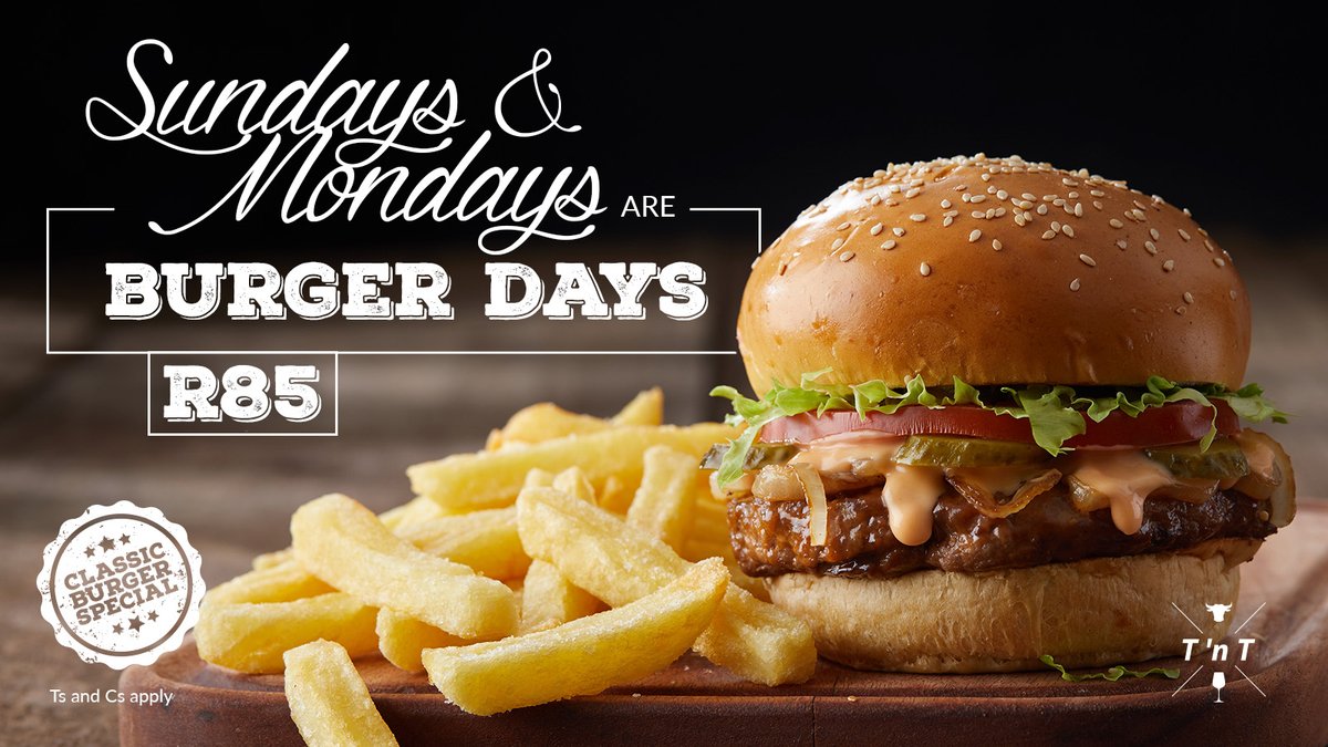 Sundays and Mondays just got a whole lot more special! Reserve a table to enjoy a succulent classic burger &amp; your choice of side for R85. Available from 4pm on Sundays, and all day on Mondays.