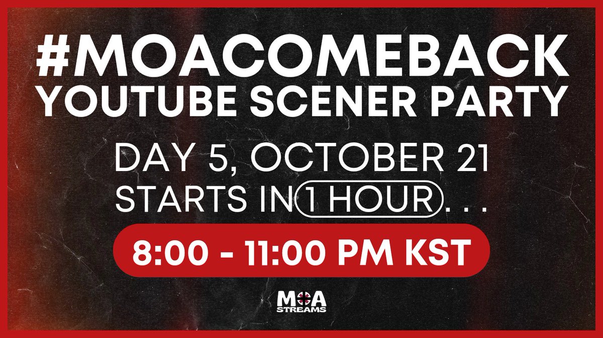 moastreams's tweet photo. 🔔 1 HOUR LEFT BEFORE MOASTREAMS GOES LIVE❗
Click the party link for #MOACOMEBACK DAY 5 and then the "Add" button to get notified:
🔗https://t.co/VRM094wPuO
#TheBreakUpChapter ❤️🩹
#TheGlowUpChapter 🌹
#MOASceners #StreaMOA
#TOMORROW_X_TOGETHER
@TXT_members @txt_bighit https://t.co/gDuifozVdd