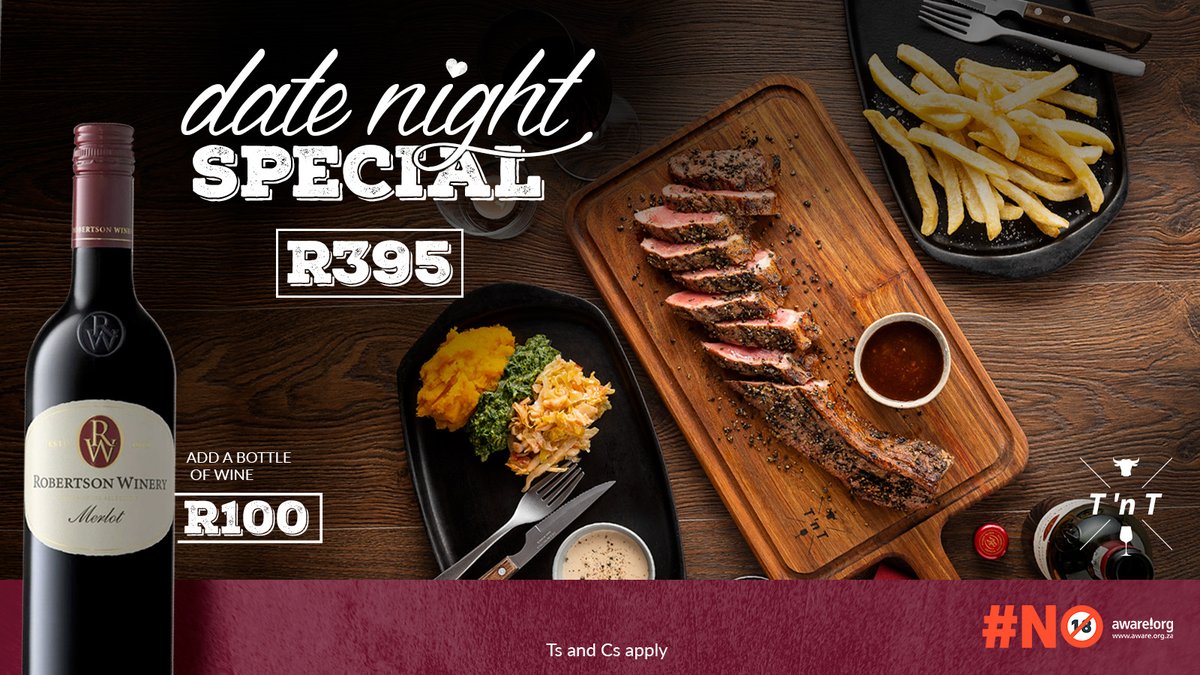 We’re serving something special for you to share with someone special. Order our Tuesday date night special to get a 700g sirloin steak, with two sides + two sauces, for R395. Add a bottle of wine for R100. 

Book a table here: turnntender.co.za/reserve-a-tabl…