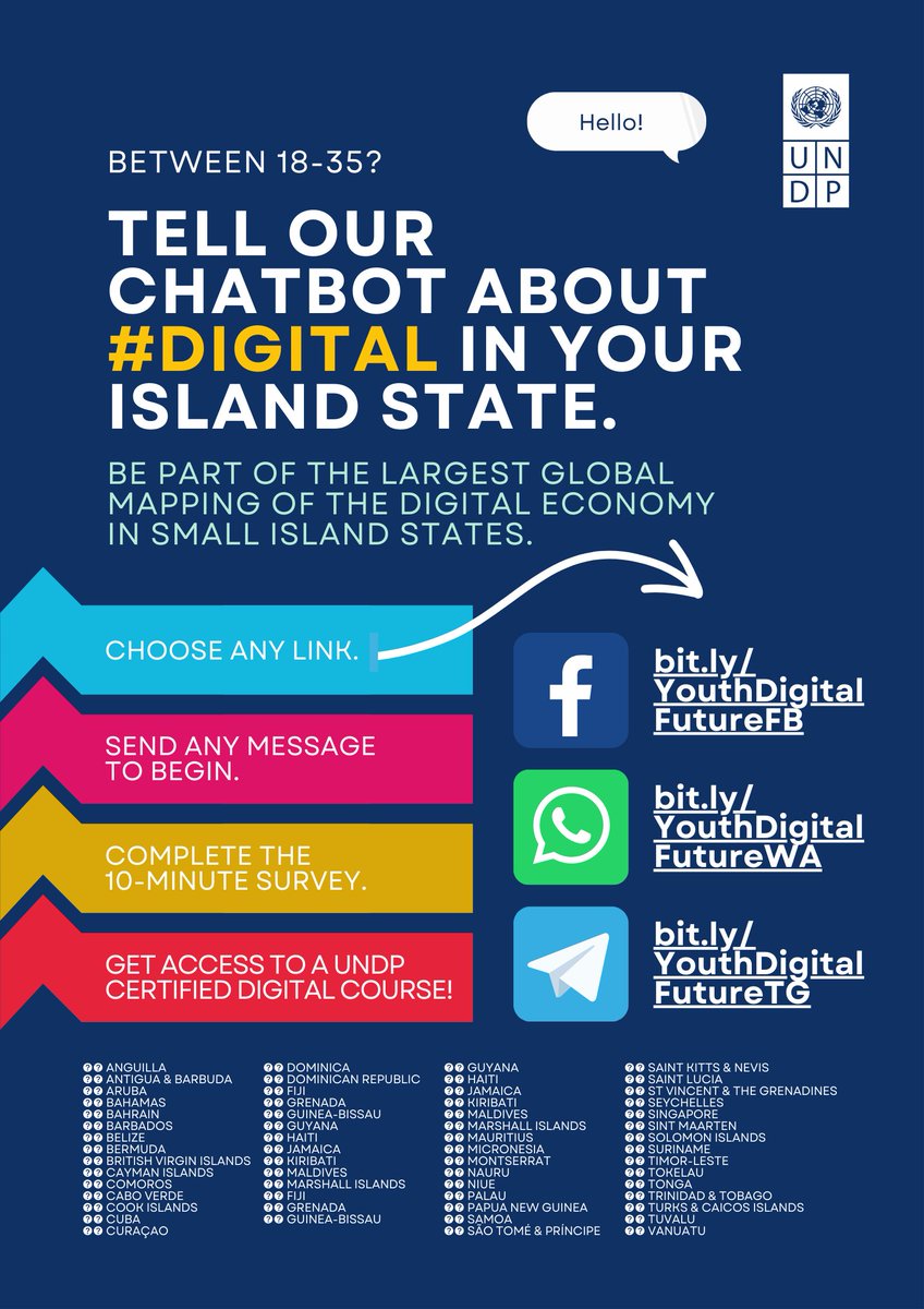 ✅ Aged 18-35? ✅ Live in/from a small island state? 🏝️ Join a global 🌏 survey of #digital in SIDS. Share your thoughts with our chatbot 🤖 at the links below! ⬇️⬇️⬇️ 📱Facebook: m.me/UNDPtech 📱Telegram: t.me/UNDP_Survey_Bo… 📱WhatsApp: wa.me/27633821031?te…