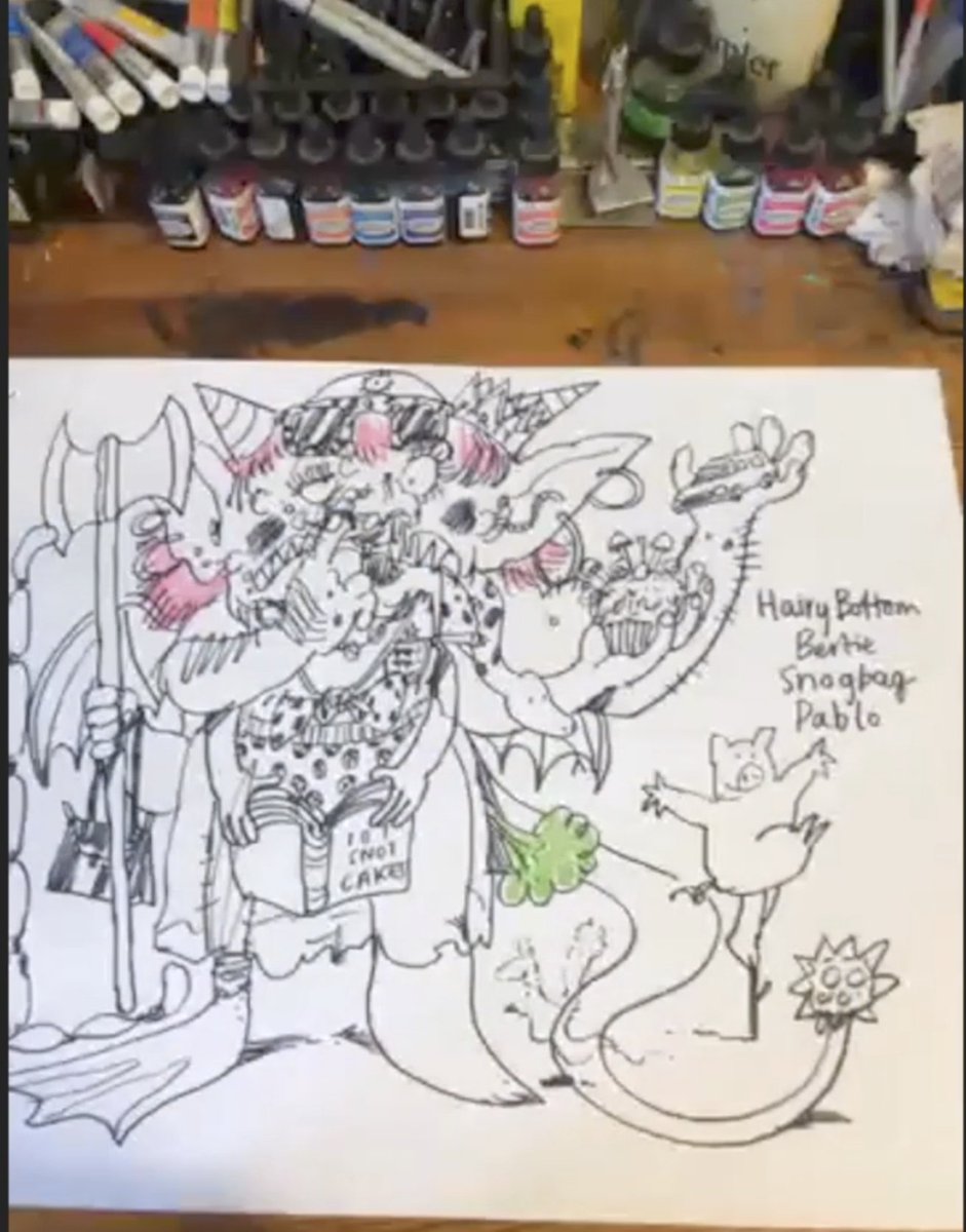 AuthorsAloudUK's tweet photo. Still smiling from the fantastic #EveryWordTellsAStory virtual session we hosted yesterday @TomReadWilson & @IanMorris_22 #inspiredtoread @QuartoKids Look at the fab (& slightly disgusting!) ogre Ian drew with children's suggestions! Not sure we'd enjoy the snot cupcakes.....π https://t.co/Rsc6dbzYqG