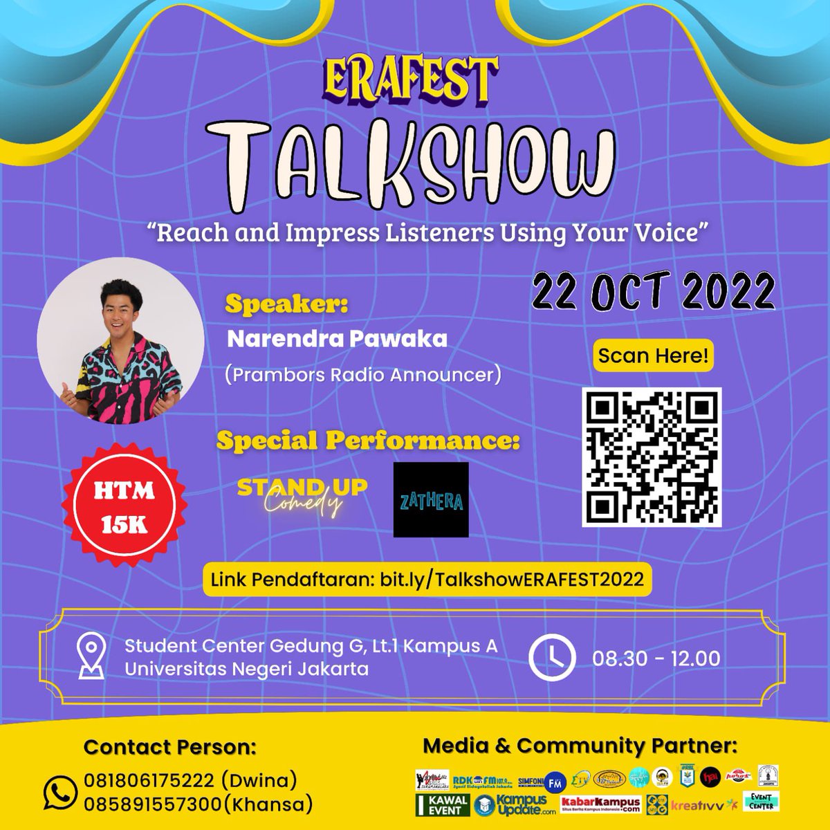 KampusUpdate's tweet photo. 📢 TALKSHOW ERAFEST 2022 📢
Buat lo yang tertarik dengan dunia broadcasting, boleh banget nih datang ke acara Talkshow yang diadakan oleh Erafest 2022 dengan htm sebesar 15k. Ayo daftarkan diri lo pada link dibawah ini👇
https://t.co/uxKrpcMNt4
#ERAFMUNJ #ERAFEST 2022 https://t.co/yzYDmr2MIb