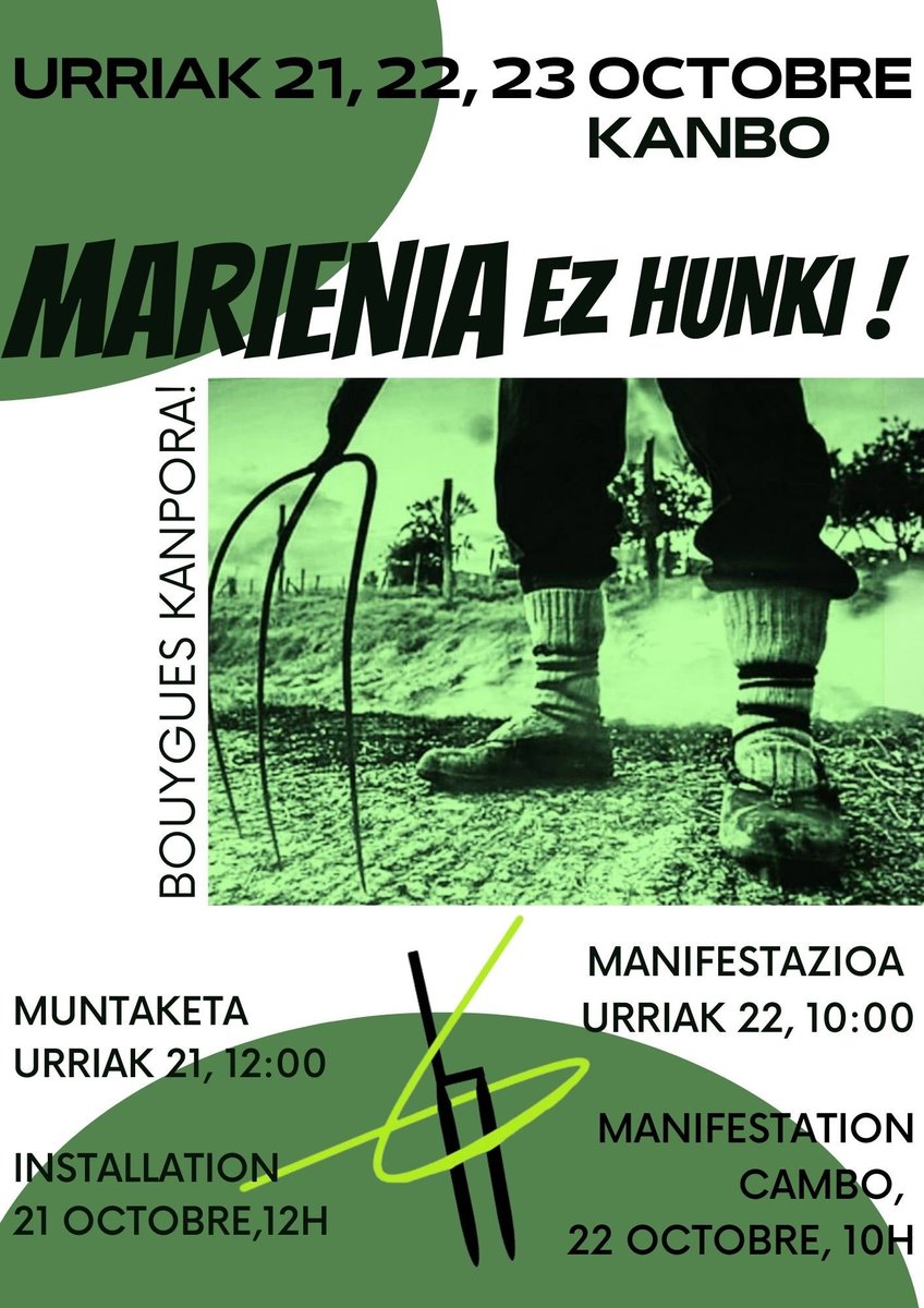 syndicatELB's tweet photo. [ MARIENIA - OKUPAZIOA ]

Gaur hasten da Kanboko Marieniako lurren okupazioa! Hiru egunez, laborantxako lurren defenditzeko borrokan ari diren hainbat eragileen artean solasaldiak antolatuak dira. 

Eta ez ahantz : bihar manifa 10.00etan!  

#marieniaezhunki @ostia_sarea https://t.co/7sCNDrQVs5