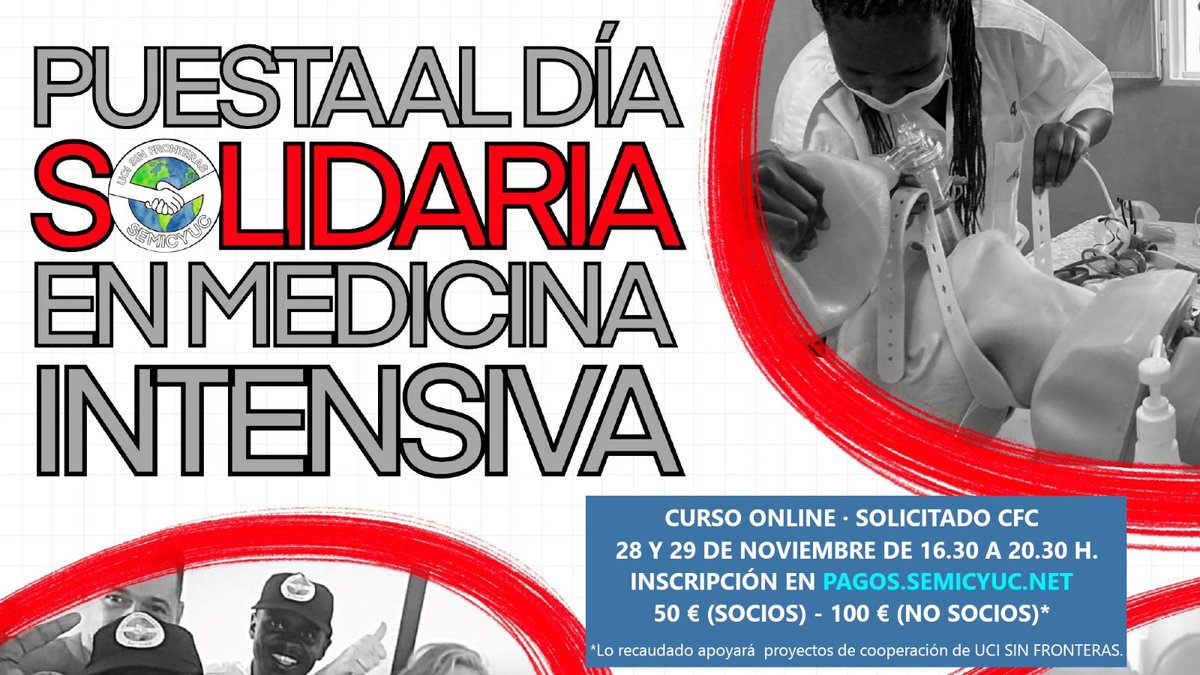 Ponemos en marcha el curso online 'Puesta al día solidaria en #MedicinaIntensiva', una iniciativa del grupo #UCISinFronteras que durante dos jornadas permitirá repasar todas las novedades de nuestra especialidad en cuatro mesas redondas. 👇