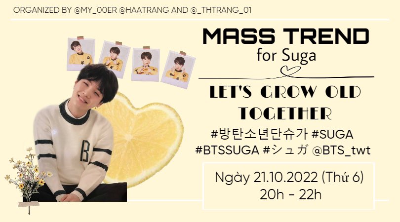 🌻🌊 Mass trend cho Yoongi vào tối thứ 6 hàng tuần 📌

🔑 LET'S GROW OLD TOGETHER
#방탄소년단슈가 #SUGA #슈가 #BTSSUGA #シュガ <a href="/BTS_twt/">방탄소년단</a> 

⏰ Thứ sáu 21/10 vào lúc 20h-22h ✨