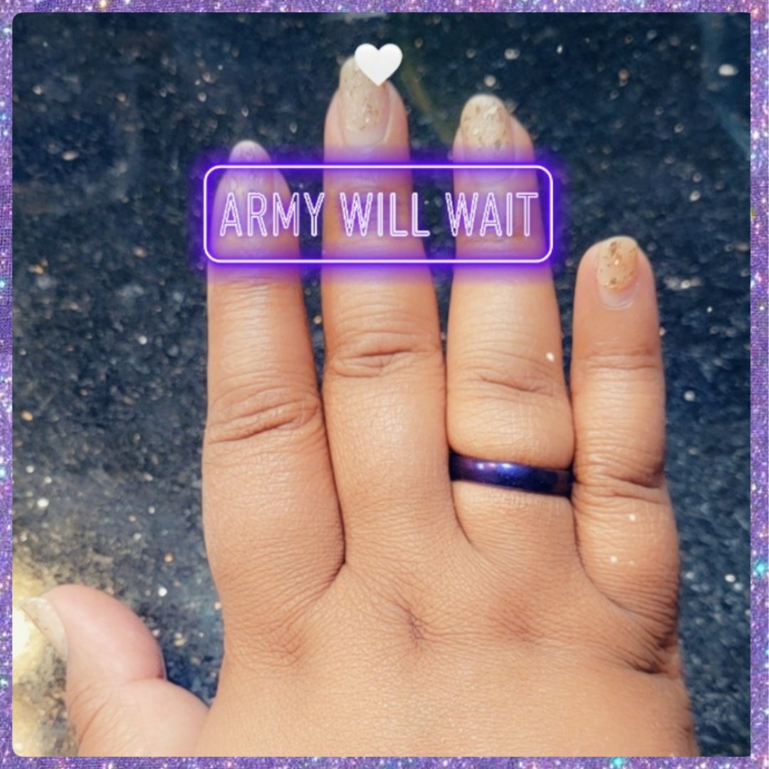 ImJustMeCeci's tweet photo. 18 months is a long time but they'll be back, better than before. So I'm going to use that time to make myself better,too! & during that time, on days when I hate myself & wanna give up, this ring will remind me that I got shit to do & a badass to be. Like them. 💜 #ArmyWillWait https://t.co/AzneDcUBh5