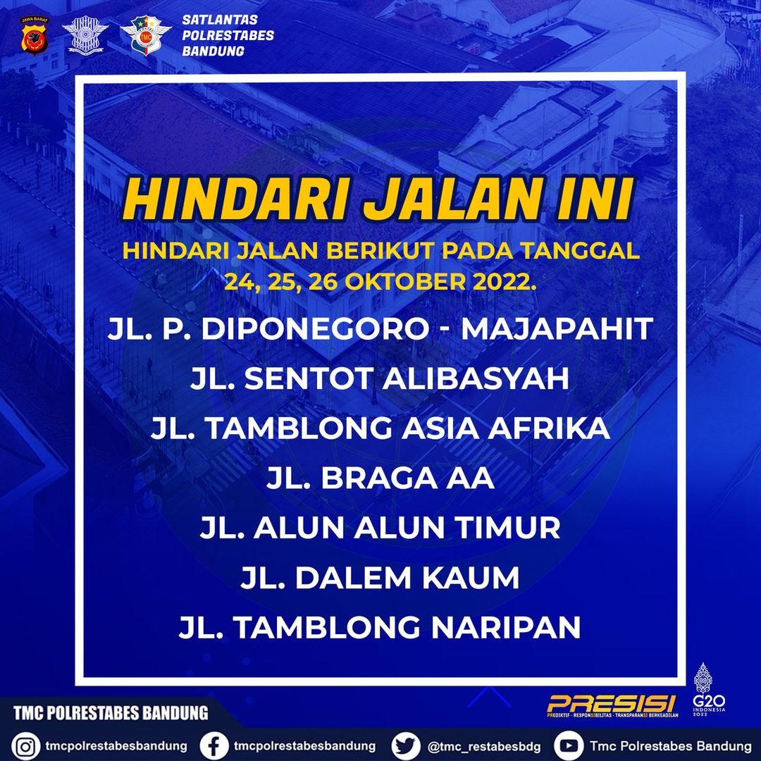infobdg's tweet photo. Sehubungan dengan akan berlangsungnya Konferensi Internasional Ketua MPR, Dewan Syuro Negara Anggota Organisasi Kerjasama Islam (OKI) pada tanggal 24, 25, 26 Oktober 2022, akan dilakukan Rekayasa Lalu Lintas di Beberapa Ruas Jalan di Kota Bandung. https://t.co/4g4LB22oah