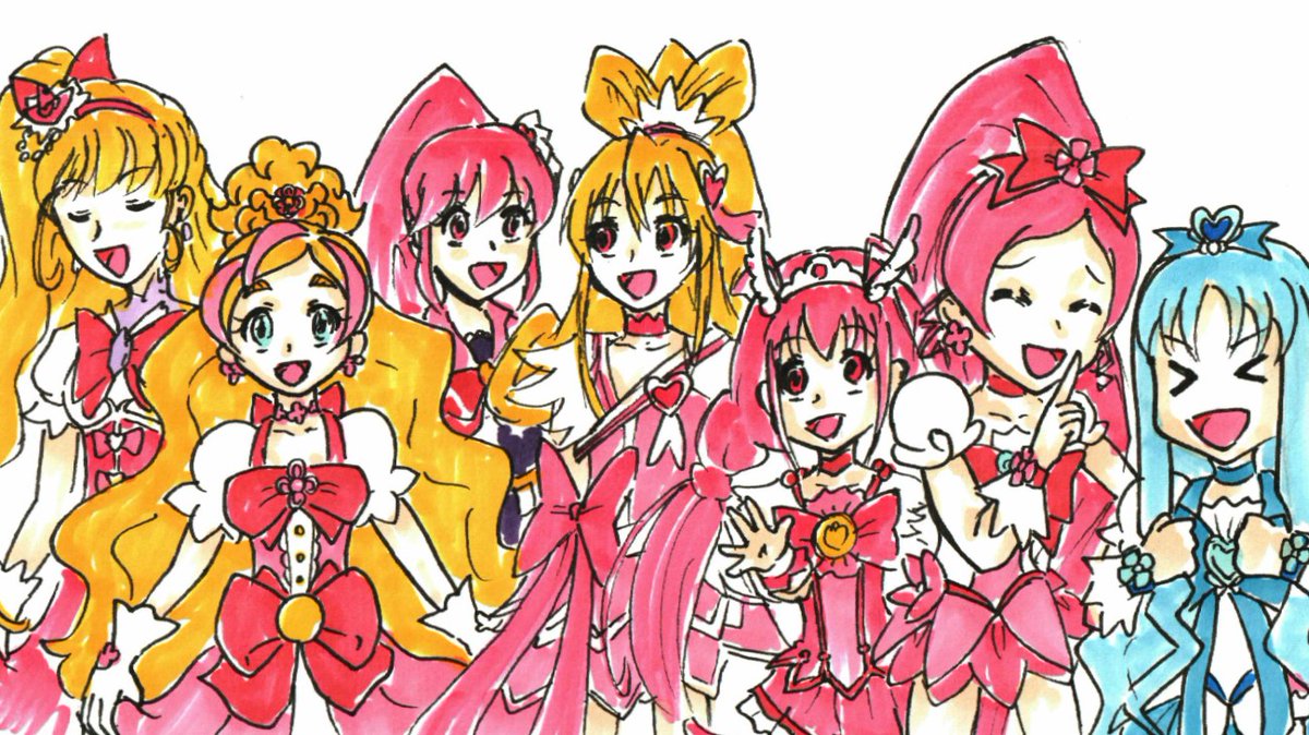 相田マナ ,キュアブロッサム ,キュアハッピー ,キュアハート ,花咲つぼみ ,春野はるか ,星空みゆき 「#あなたのぴんく色の作品を見せてください便乗。本当はビッグボディ貼りたかったけど」|沖庵のイラスト