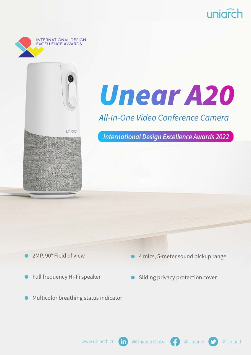 UniarchTech's tweet photo. We are thrilled that our Unear A20 has been shortlisted for IDEA 2022 International Design Excellence Awards! The iDEA Award is considered to be one of the most prestigious, and we are proud to be up there alongside some of the best. #Uniarch #videoconference #smartoffice https://t.co/nUXXI0pg6Y