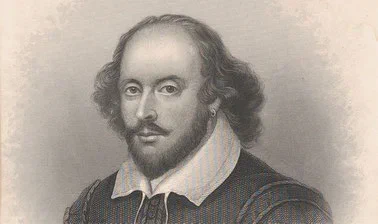 A black and white drawing of William Shakespeare, with a mustache and semi-balding long hair.