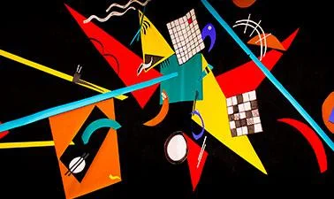 A scattering of abstract, modern art with various shapes and bright colors.