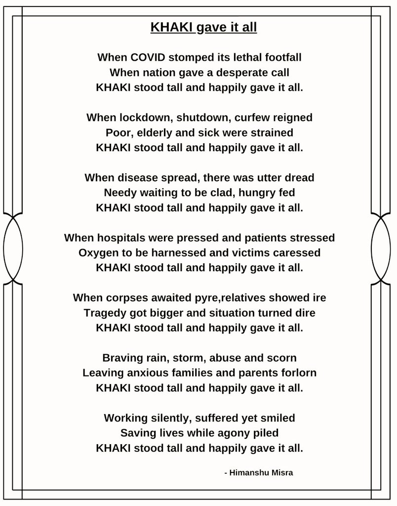 himisra's tweet photo. On the solemn occasion of Police Commemoration Day today, sharing a poem written by me in 2021, dedicated to KHAKI for its role during COVID pandemic. 
🙏🇮🇳🙏 https://t.co/xIqAat7SaC