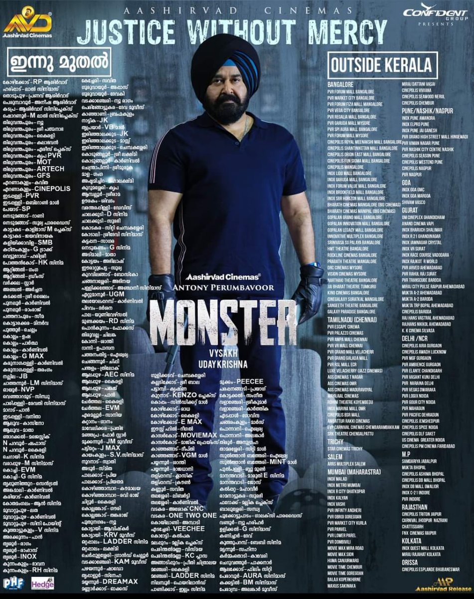 Midhun_Ganga's tweet photo. #Monster Releasing Around 217 Theatres In Kerala Through @aashirvadcine Release.
#Mohanlal #MonsterFromToday https://t.co/UBnTgQ6pZO