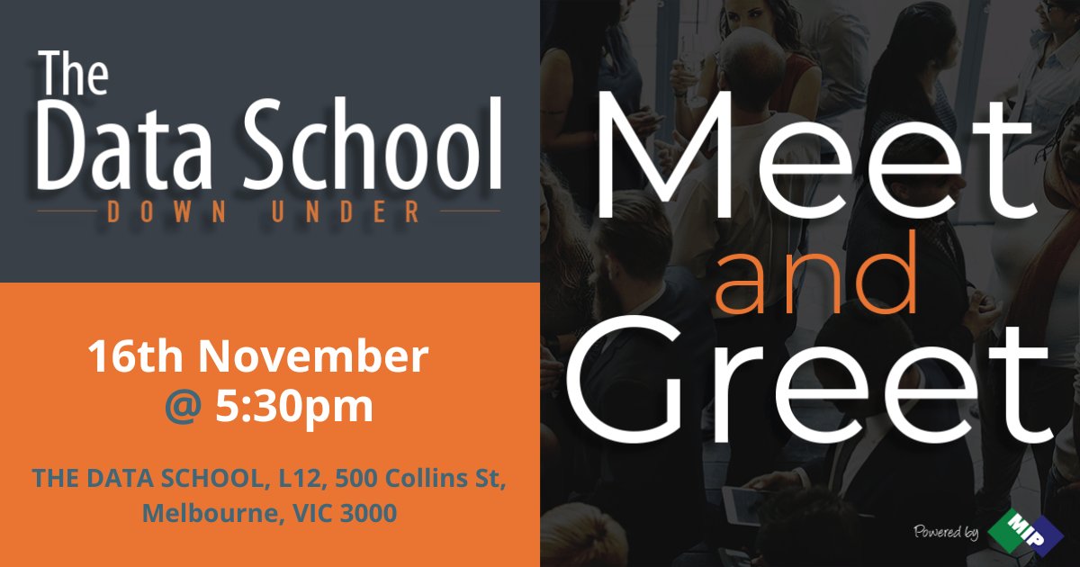DataSchoolAu's tweet photo. Got a passion for #data?

Join us for our Meet &amp; Greet on Wednesday, 16th of November. 🤗

Secure your spot today!
https://t.co/ZECV3nCYwK

#datascience #advancedanalytics #dataanalytics #tableau #alteryx #data #informationmanagement #passion #learnandearn #careerchange https://t.co/OO2NBHPLNj
