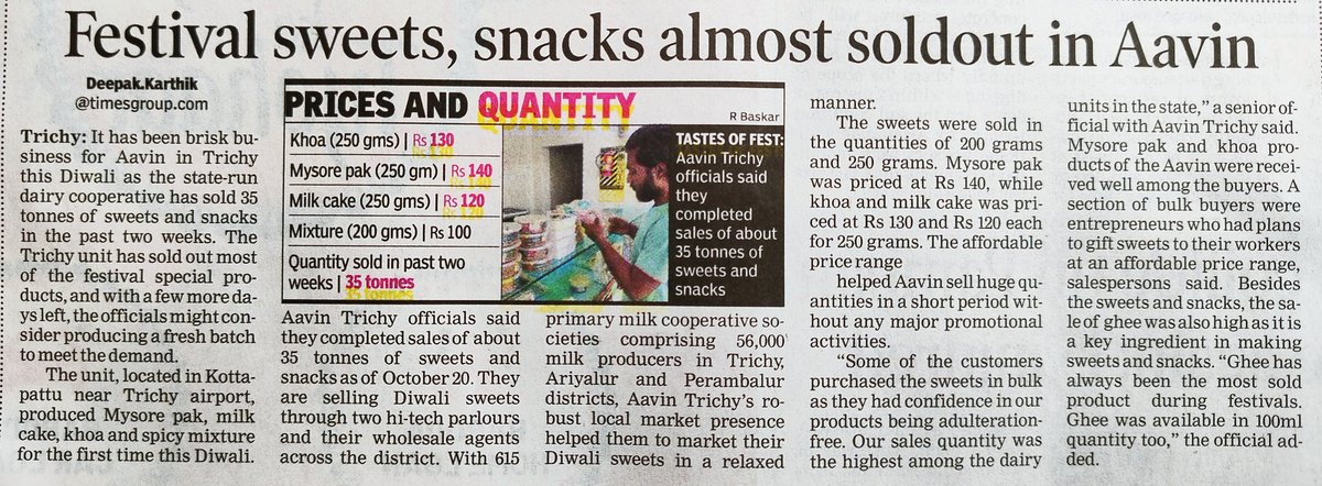 dkarthikTOI's tweet photo. Aavin #Trichy has sold sweets and snacks for 35 tonnes ahead of Deepavali, one of the highest among units outside #Chennai.
@timesofindia 
Why not install a regular sweet shop?
@AavinTN https://t.co/iEa1UaNRds
