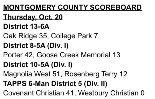 ConroeSports's tweet photo. Montgomery County Football Scoreboard - October 20, 2022 https://t.co/LkbkgLCrie