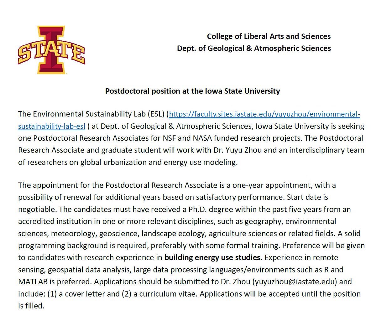 We are recruiting a postdoc to work on #NSF and #NASA funded projects on building #energy use modeling
#postdocjobs #hiring #JobOpening #academicjobs #gischat #eochat #sustainability