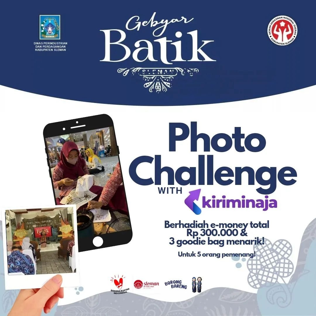 Gebyar Batik Challenge bersama @kiriminaja_official

Dapatkan E-money total 300.00 &amp; 3 goodie bag menarik dari @kiriminaja_official

Caranya:
1. Kunjungi acara Gebyar Batik Sleman pada 20-23 Oktober 2022 di Sleman City Hall maupun di Gedung Dekranasda Sleman