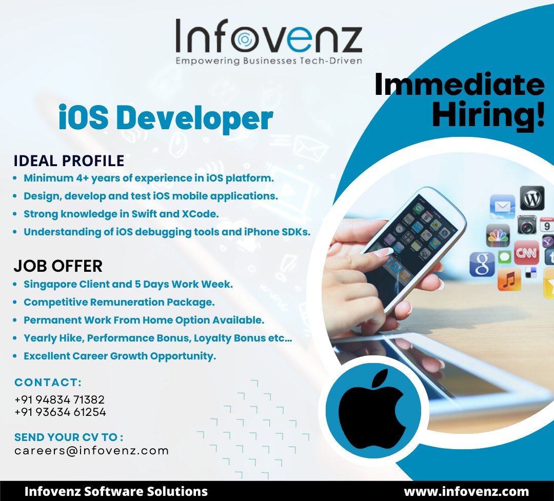 #Hiring for #iOSdevelopers
Excellent #JobOpportunity for a #Jobseeker with #CompetitiveSalary, #FriendlyEnvironment,  #PerformanceBonus,#YearlyHike, #Opportunity for #CareerEnhancment.

#Infovenz #IT #Jobopening #recruiting #hiringalert #jobsearch #Career #iOS #developers #app