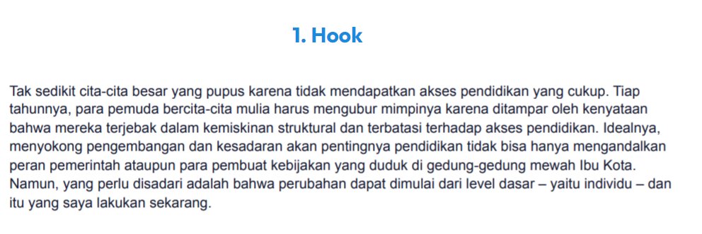 ahnafau's tweet photo. 1. Hook

Penilai punya sedikit waktu untuk membaca esai kamu. Kamu harus bikin esaimu menarik sejak awal.

Cara ngehook ada macem2, misalnya pakai quotes, pertanyaan, klaim, atau pakai fakta kontroversial.

Gambar 1: Pakai fakta
Gambar 2: Pakai klaim https://t.co/6CUgWnhfKN
