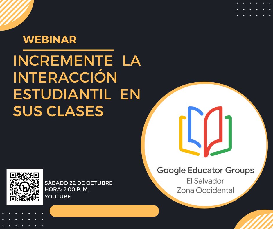Quedan cordialmente invitados al webinar "Incremente la interacción estudiantil en sus clases" este próximo sábado 22 de octubre a las 2:00 p. m. (Hora El Salvador). Pueden ver el webinar desde el siguiente enlace: bit.ly/GEG_Zona_Occid…