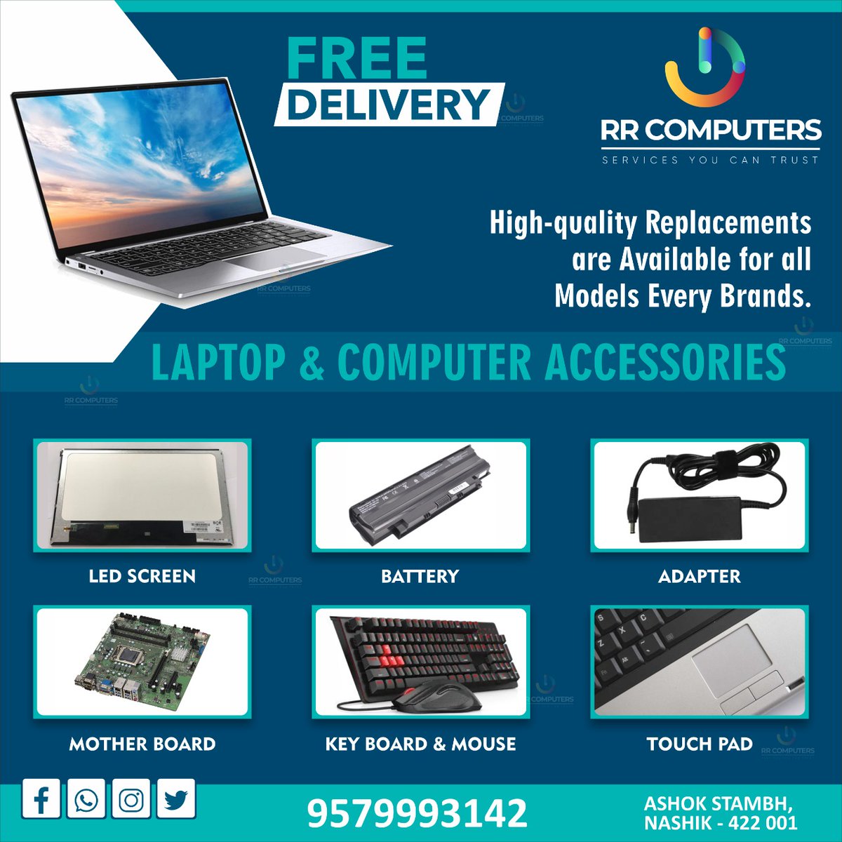 RR_Computers's tweet image. HIGH-QUALITY REPLACEMENTS ARE 
AVAILABLE FOR ALL MODELS EVERY BRANDS.
LAPTOP &amp;amp; COMPUTER ACCESSORIES
▪️LED SCREEN
▪️BATTERY
▪️ADAPTER
▪️MOTHERBOARD
▪️KEYBOARD &amp;amp; MOUSE
▪️TOUCH PAD
CONTACT US ON
📲 8855093142
📲 9579993142
#RRComputers #ComputerSalesandService #NashikComputers