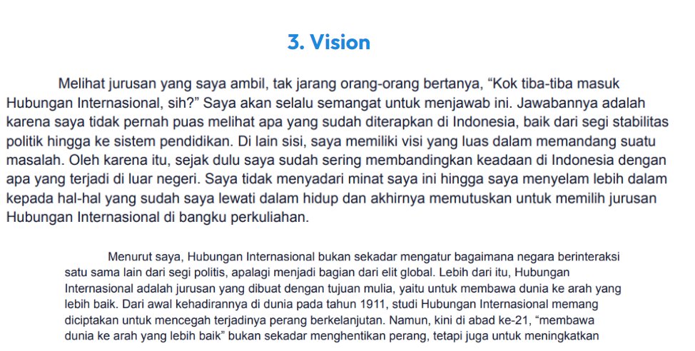 ahnafau's tweet photo. 3. Visi/rencana

Penyedia beasiswa tidak serta merta ngasih "duit" buat kamu, tapi mereka melihat kamu sebagai aset.

Jadi kamu harus bisa nunjukin apa yang bisa kamu kasih ke mereka.

Tujuan contoh di bawah buat ngeyakinin pembaca kl aku bener2 serius belajar di HI. https://t.co/7u6C1mkjU5