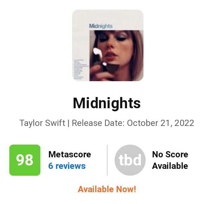 TChartSwift's tweet photo. Taylor Swift's “Midnights” debuts with 98 on Metacritic with 6 reviews and is now her highest debut and score. https://t.co/VJUjNuIgj0