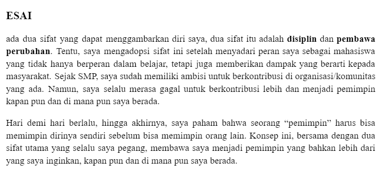 ahnafau's tweet photo. 1. Hook

Penilai punya sedikit waktu untuk membaca esai kamu. Kamu harus bikin esaimu menarik sejak awal.

Cara ngehook ada macem2, misalnya pakai quotes, pertanyaan, klaim, atau pakai fakta kontroversial.

Gambar 1: Pakai fakta
Gambar 2: Pakai klaim https://t.co/6CUgWnhfKN