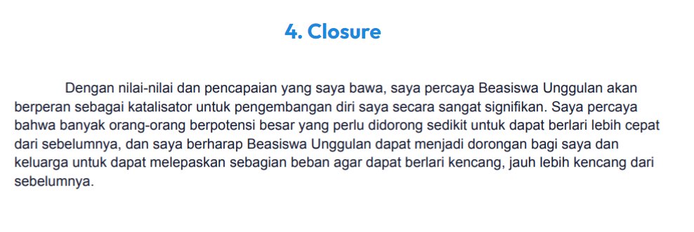 ahnafau's tweet photo. 4. Closure

Kalau udah dibuka dengan hook, tutup dengan punchline yang bikin si pembaca "solid" untuk meloloskan kamu.

Salah satunya bisa dengan menjelaskan kenapa kamu jadi kandidat yang cocok buat diterima. https://t.co/Yw0WtV3SgT