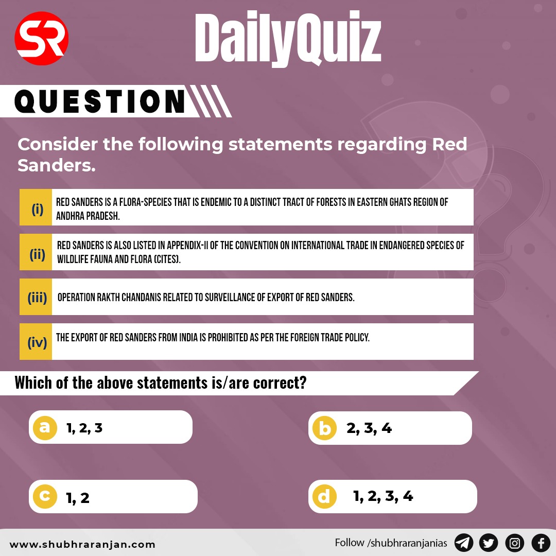 ShubhraRanjan's tweet photo. Question Of the Day - 21st October 2022
#dailyquiz #upsc #iasofficer #iasexam #iasaspirant #upscprelims #shubhraranjanias #upscpreviousyearsquestions #upscquestions #quizoftheday #questionoftheday #upscquiz #redsander #floraspices https://t.co/c4gJoaaa2N