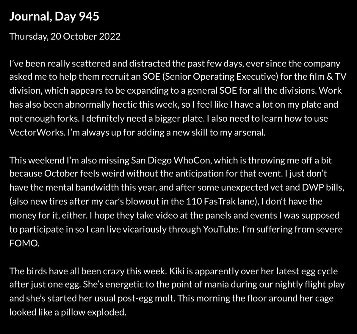 jt_omalley's tweet photo. #Journal, Day 945
Thursday, 20 October 2022
#scattered
#moreforks
@Vectorworks
#sdwhocon
#nobandwidth
#birdypuberty
#Training
#birdtwitter https://t.co/EEXbrwoQp6