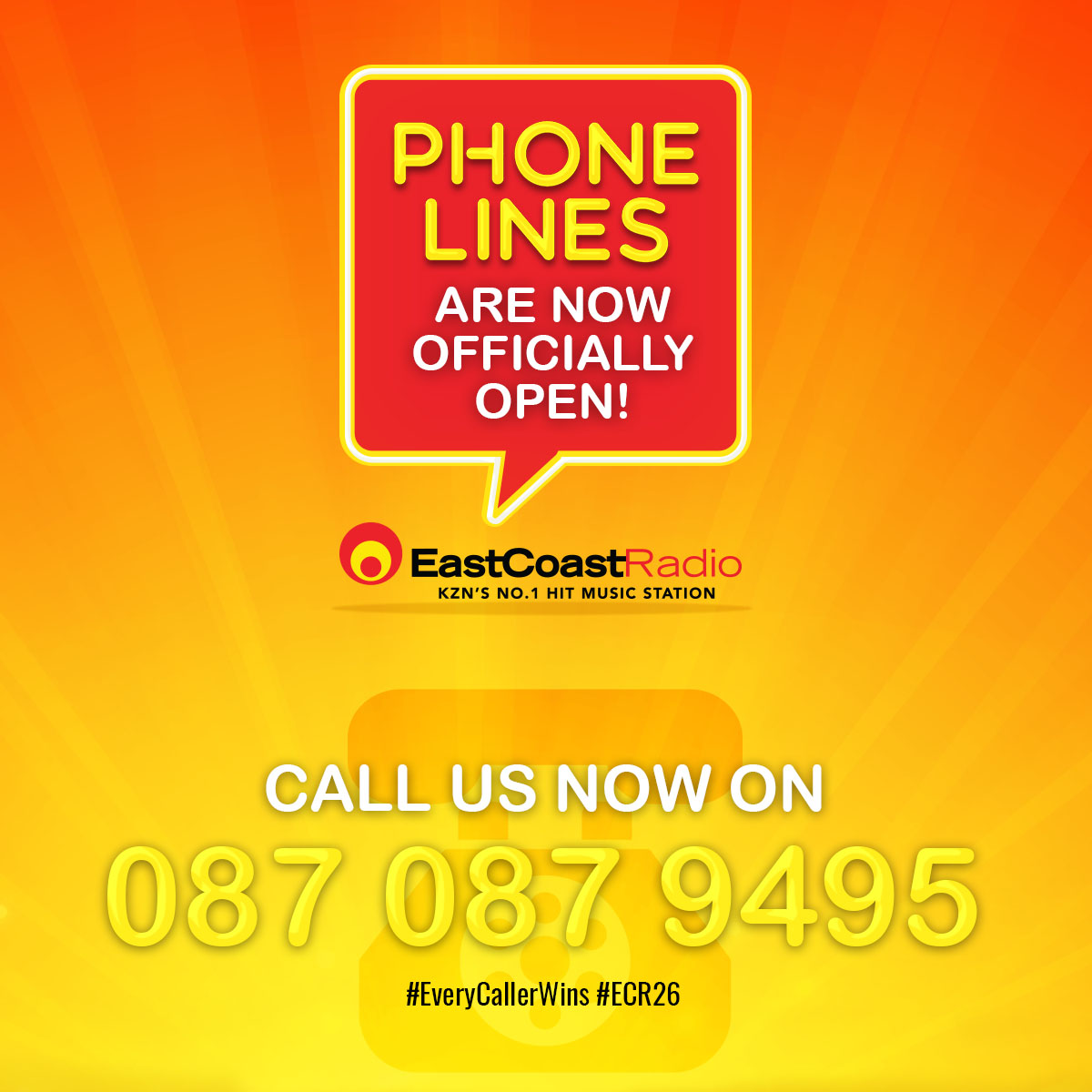 ecr9495's tweet photo. PHONES LINES ARE OFFICIALLY OPEN!☎️ #EveryCallerWins #ECR26 #PaintKZNYellow🟡 Full details → https://t.co/VDNrqJLhWU https://t.co/bTMNoiNPqi