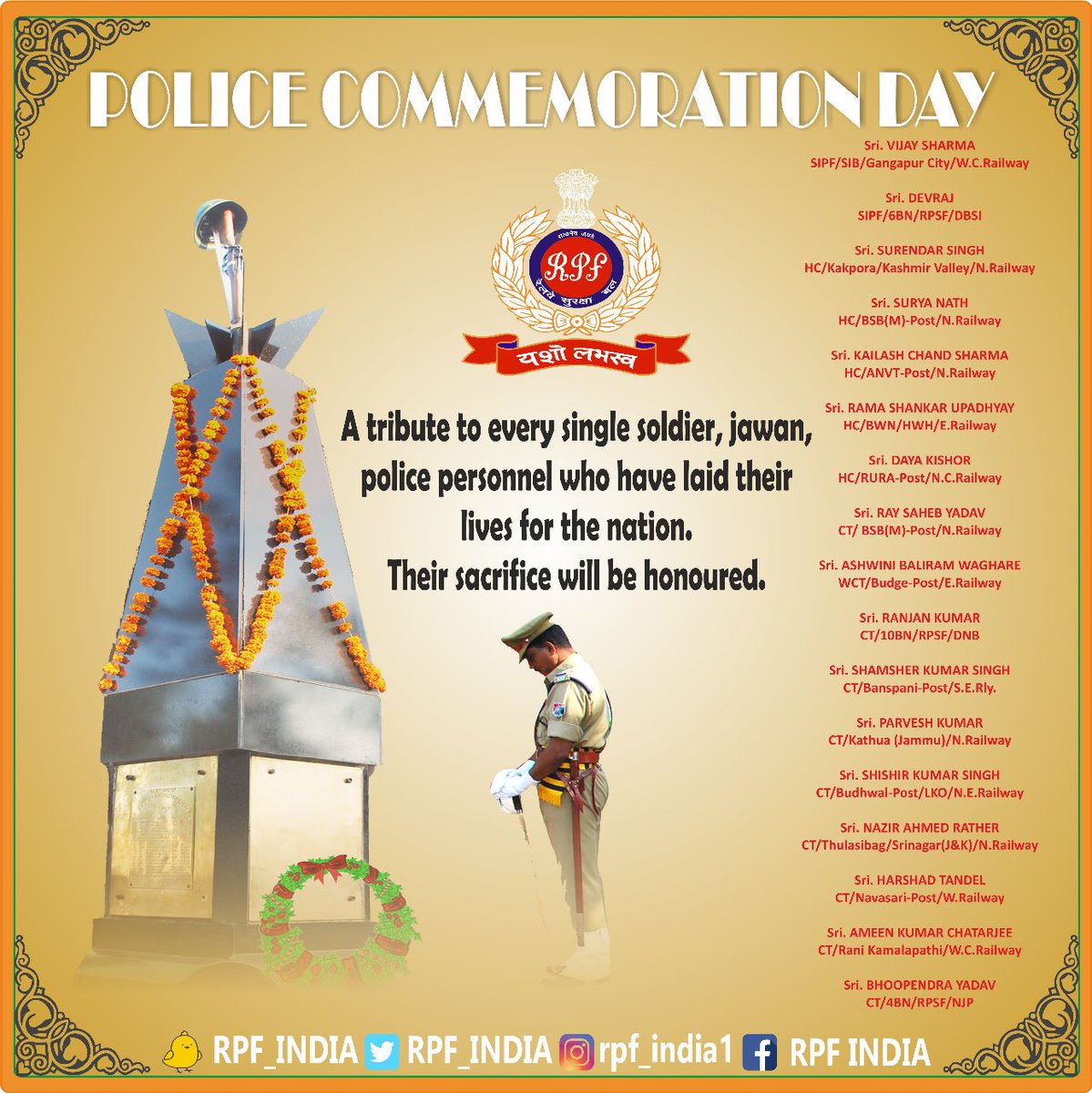 RPF_INDIA's tweet photo. On the occasion of Police Commemoration Day, we at @RPF_INDIA pay our homage to the martyrs in #khaki who laid down their lives for country in the line of duty. 
Nation will never forget their sacrifice.
#PoliceCommemorationDay 
#BraveSouls #RealHeroes
#HeroesInUniform https://t.co/OVMQbFc1tW