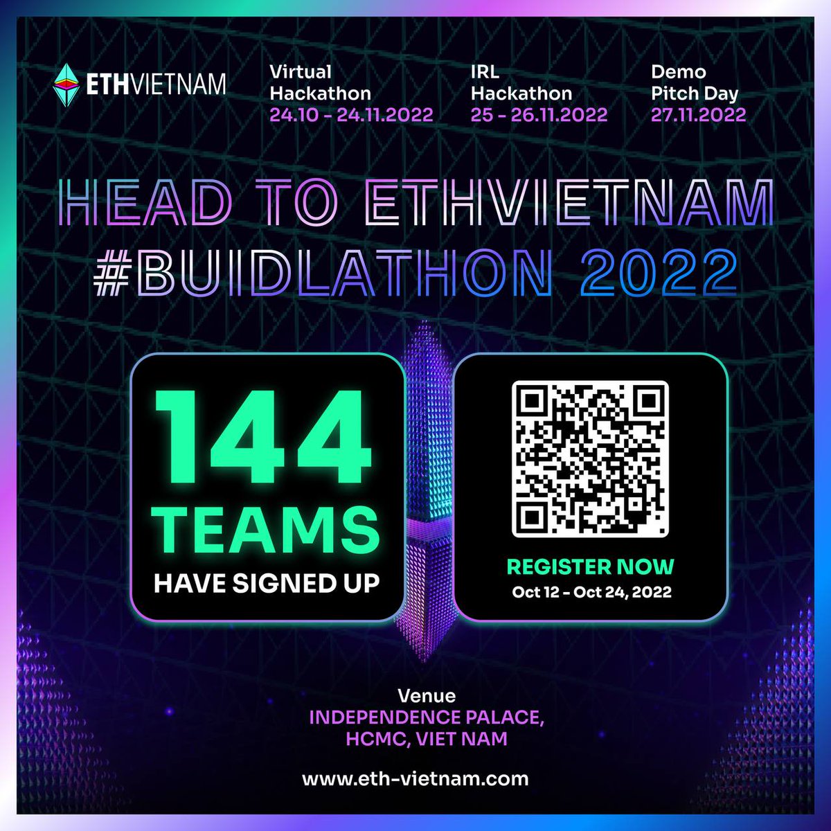 madfornft's tweet photo. ⭐️HEAD TO ETHVIETNAM BUIDLATHON 2022⭐️
🔥October was an exciting month for @eth_vietnam We have 144 teams signed up for Hackathon!!
Click here to join Hackathon now👇https://t.co/In9f80Srq7
#ethvietnam #buidlathon #ethereumevents #ETH https://t.co/pqaA8CqXbN
